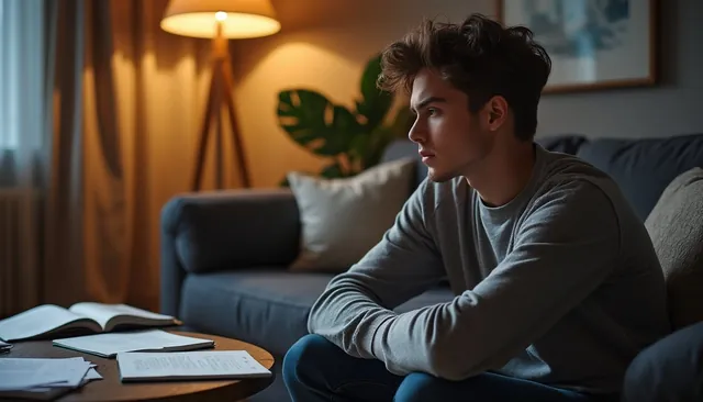 Une personne de profil, pensive, assise sur un canapé devant des carnets ouverts et des feuilles éparpillées