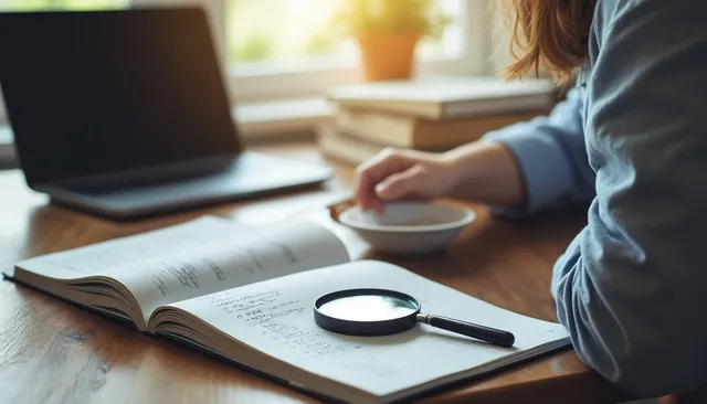 Une personne de dos dans un bureau calme, penchée vers un ordinateur dont l'écran est flou, avec un carnet et une loupe posée sur des livres